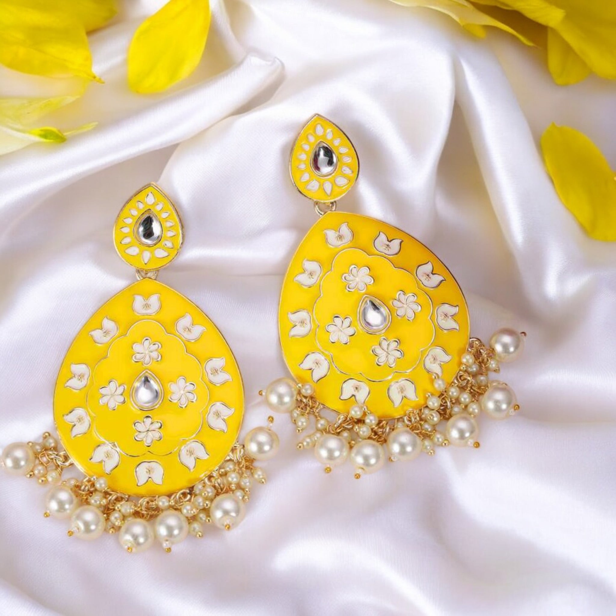 Lavish Giftz 18k Gold Plated Yellow Stone Studded and Enamelled Drop Earrings