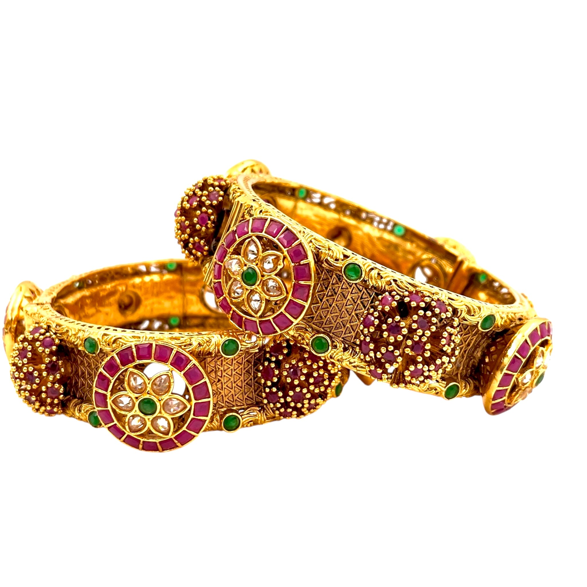 Lavish Giftz Antique Gold Plated Floral Intricate Designer Bangles With Ruby & Green Stones