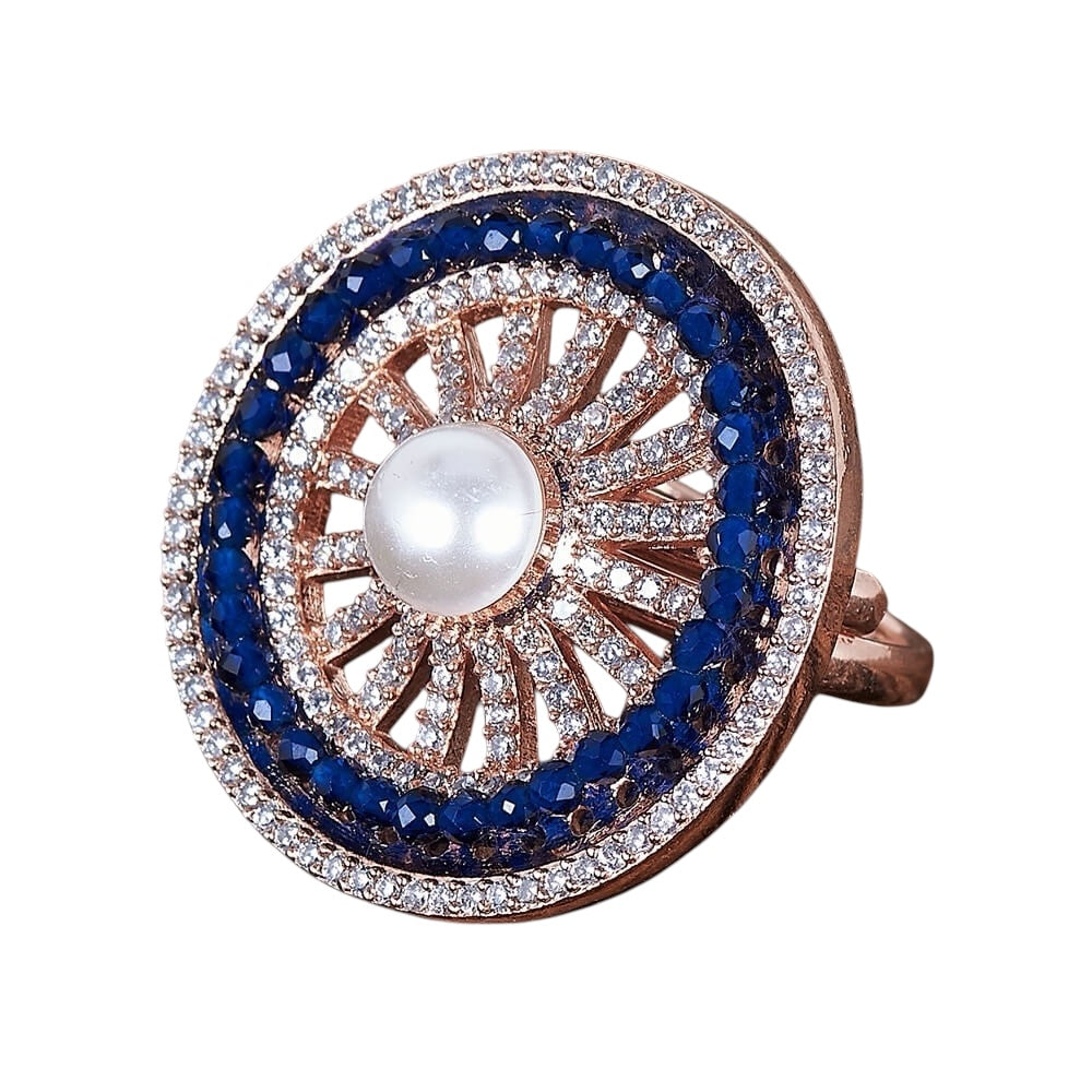 Lavish Giftz Empress Adjustable Ring With Rose Gold Plating - Blue