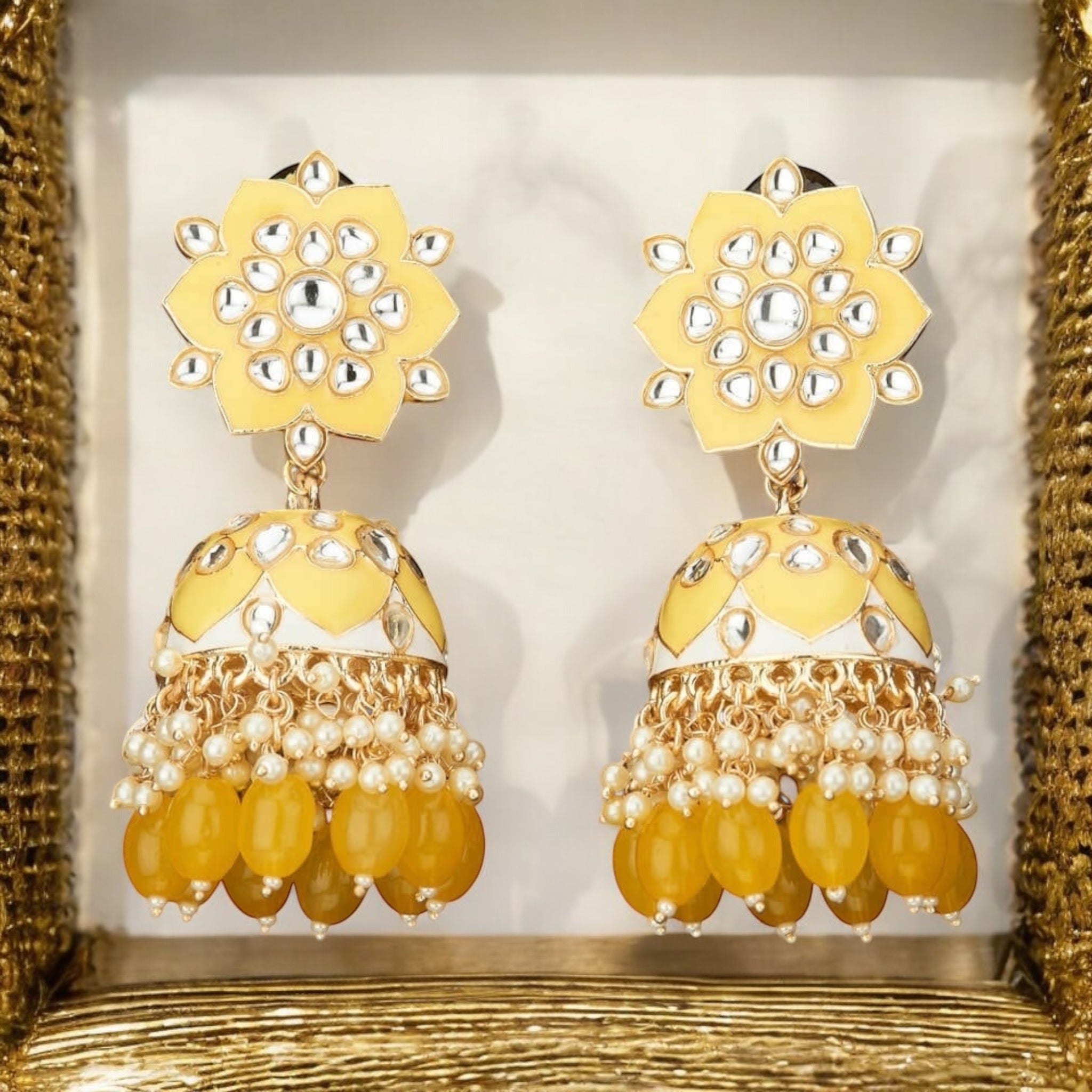 Lavish Giftz Gold Plated Bollywood Indo Western Meenakari Earrings - Yellow