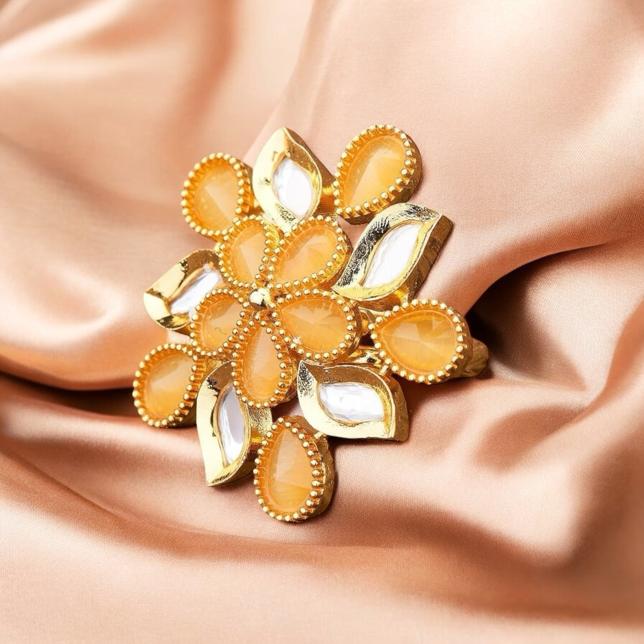 Lavish Giftz Gold-Plated Adjustable Kundan Handcrafted Orange Statement Finger Ring