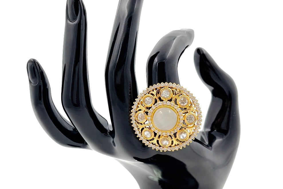 Lavish Giftz Gold-Plated Classic Kundan Adjustable Kundan Stone Studded Handcrafted Finger Ring