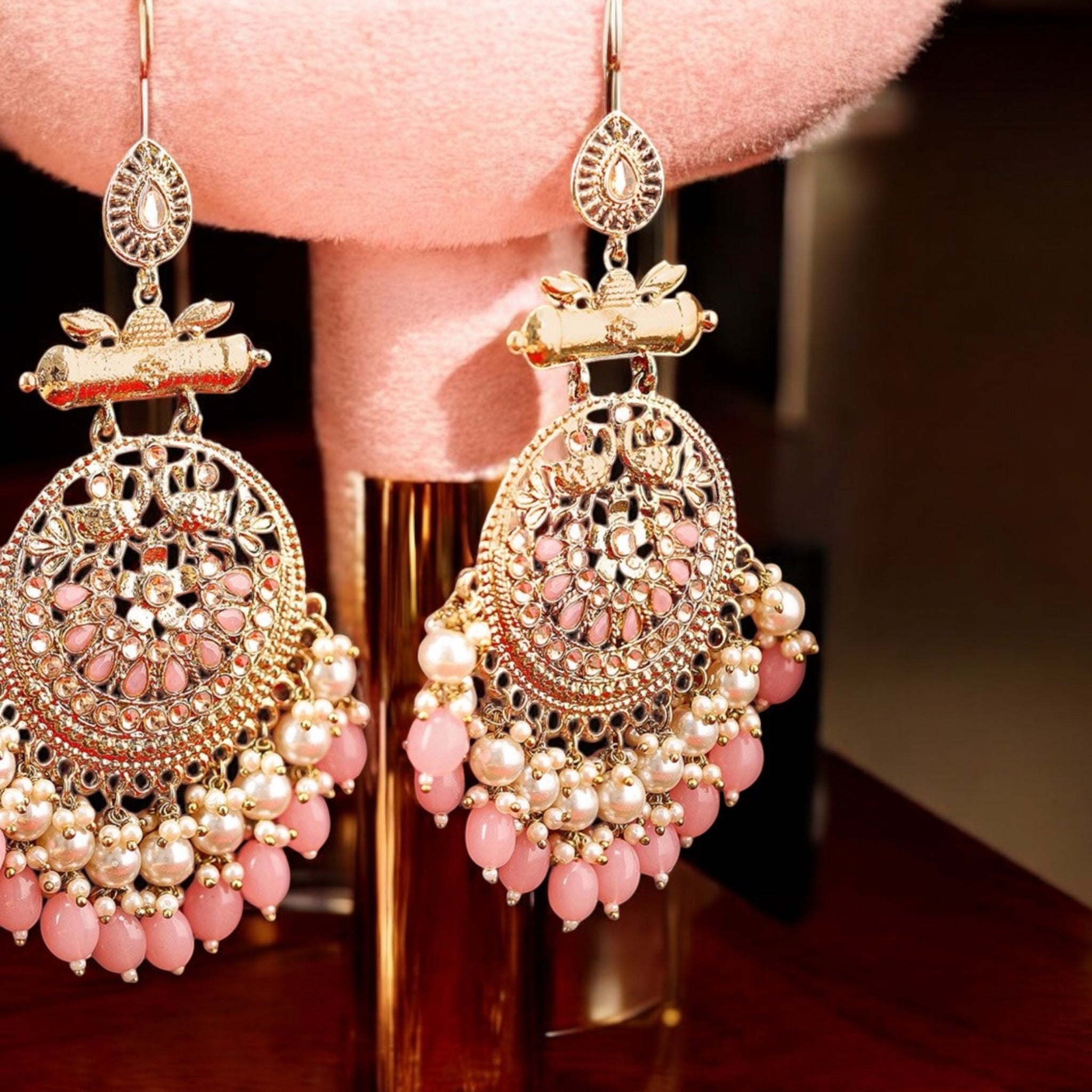 Lavish Giftz 18k Gold Plated Pink Beads Chandbali Earrings