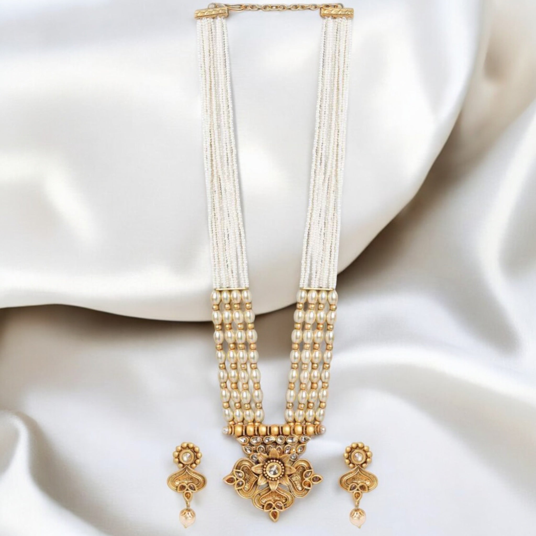 Lavish Giftz Gold Plated Multistranded Kundan and White Stone Studded Handcrafted Necklace Set