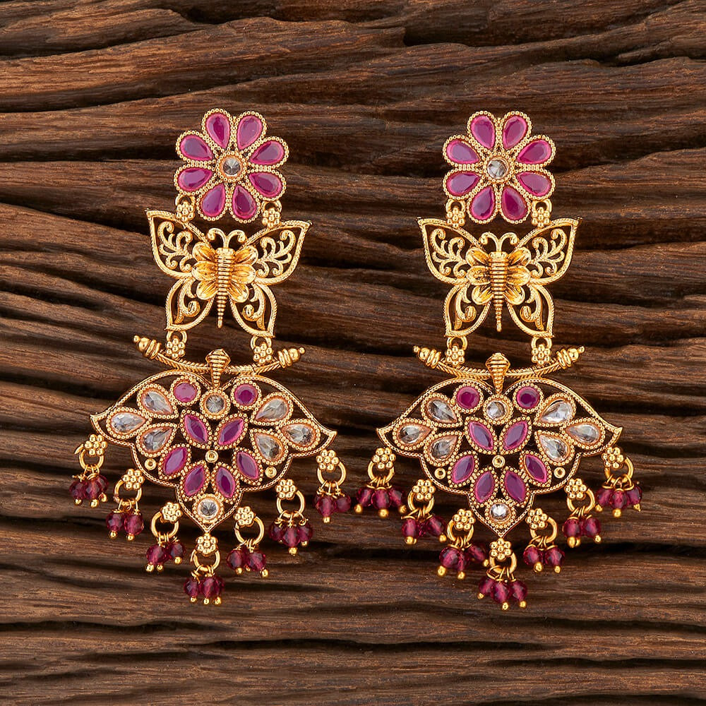 Lavish Giftz Gold Plated Antique Butterfly Design Ruby Pink Long Earrings