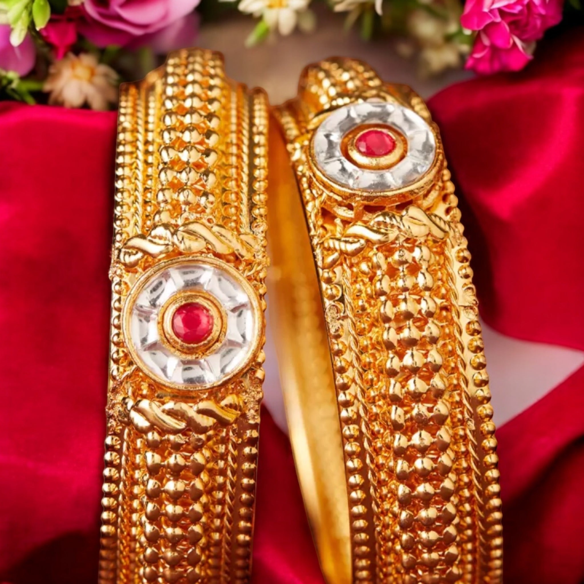 Lavish Giftz Set Of 2 24K Gold-Plated Stond Studded Handcrafted Bangles