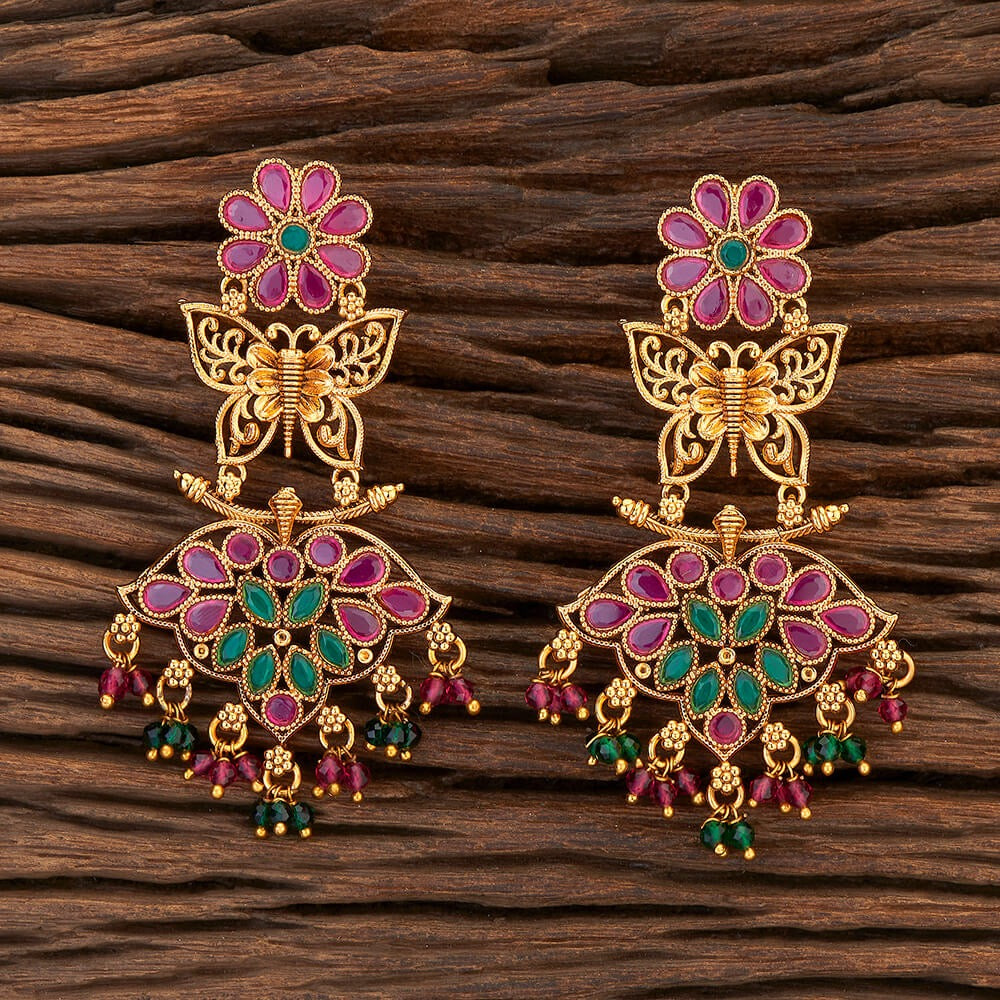 Lavish Giftz Gold Plated Antique Butterfly Design Ruby Green Long Earrings