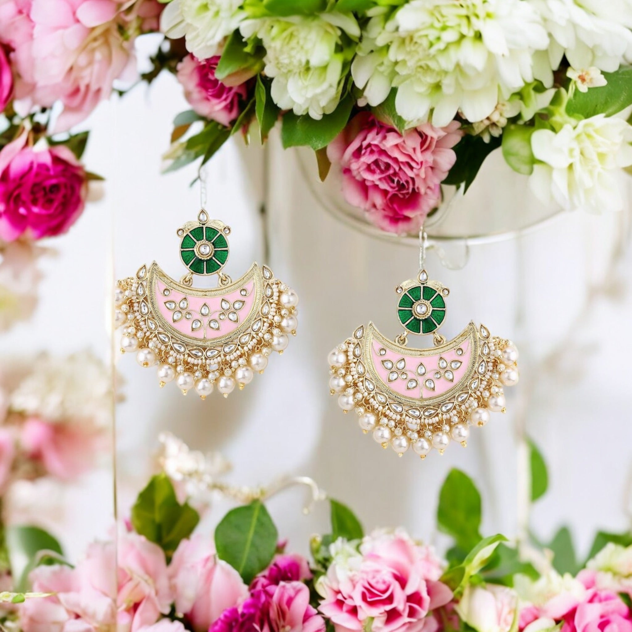 Lavish Giftz 18k Gold Plated Pink & Green Crescent Chandbali Earrings