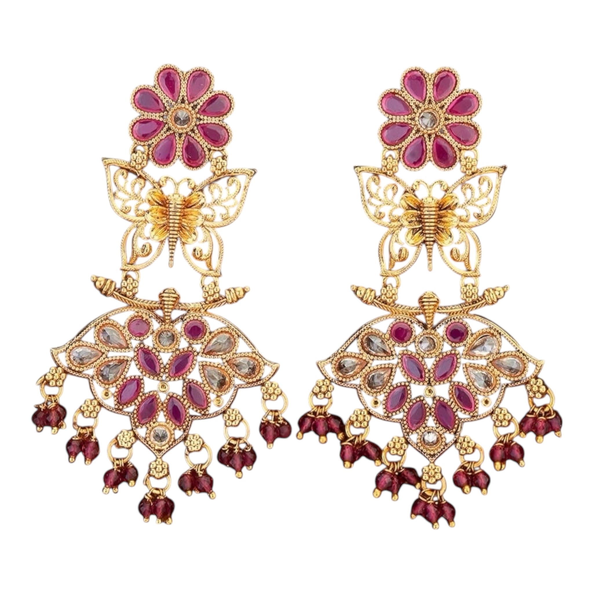 Lavish Giftz Gold Plated Antique Butterfly Design Ruby Pink Long Earrings