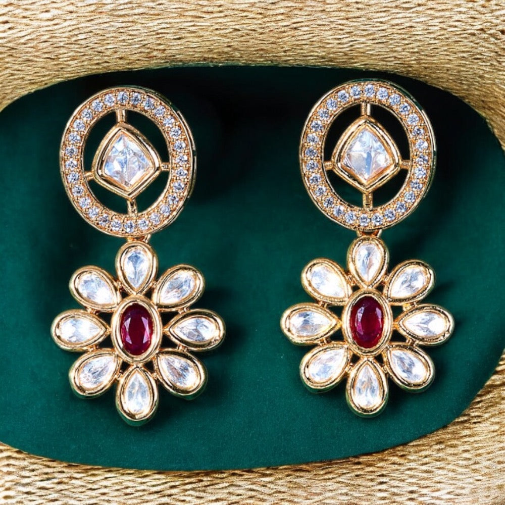 Lavish Giftz Amara Kundan Delicate Earrings With Gold Plating - Ruby