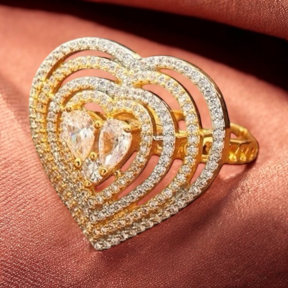 Lavish Giftz Heart-Shaped American Diamond Adjustable Ring with Two-Tone Rhodium Plating