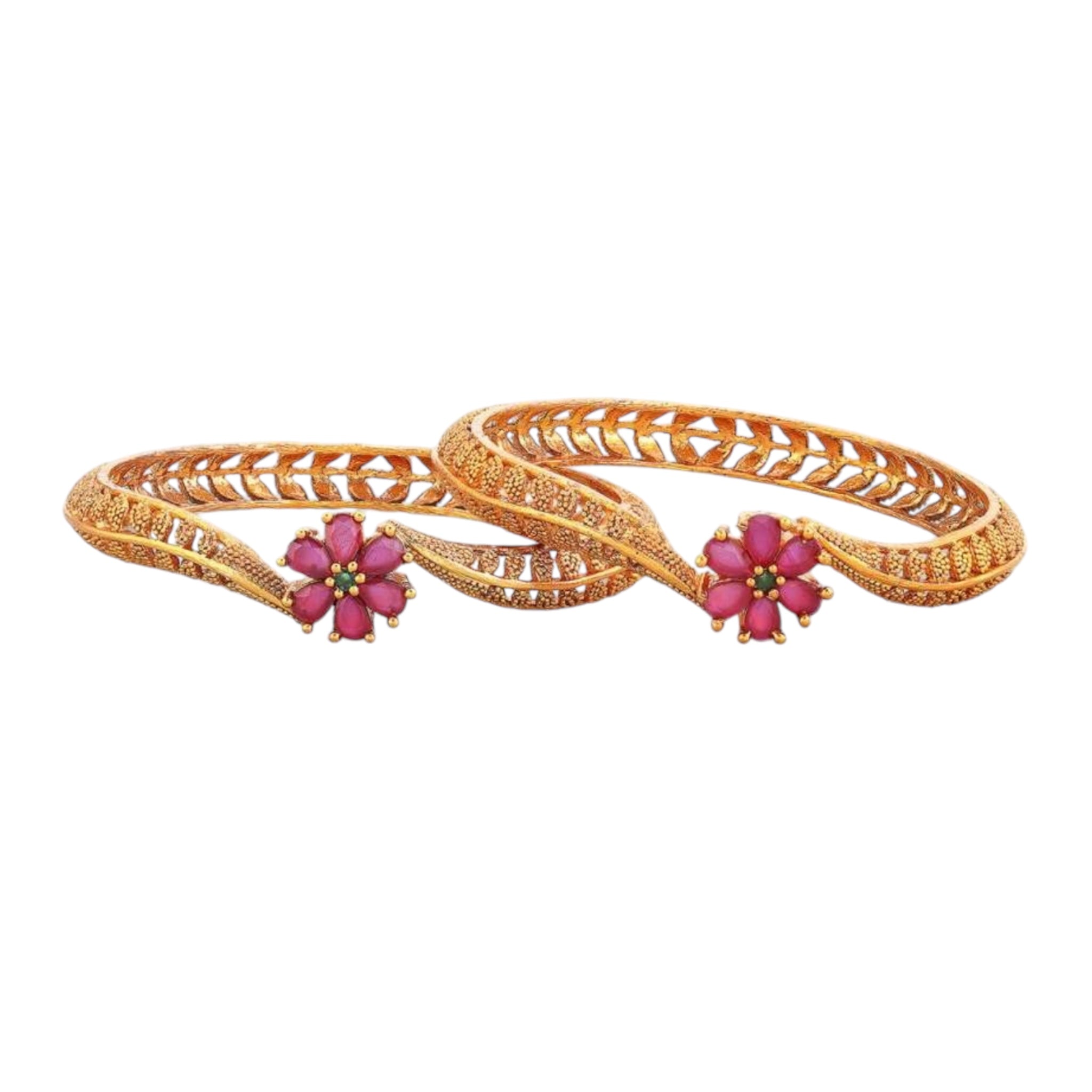 Lavish Giftz Set Of 2 18k Gold Plated Floral Design Ruby Studded Handcrafted Bangles