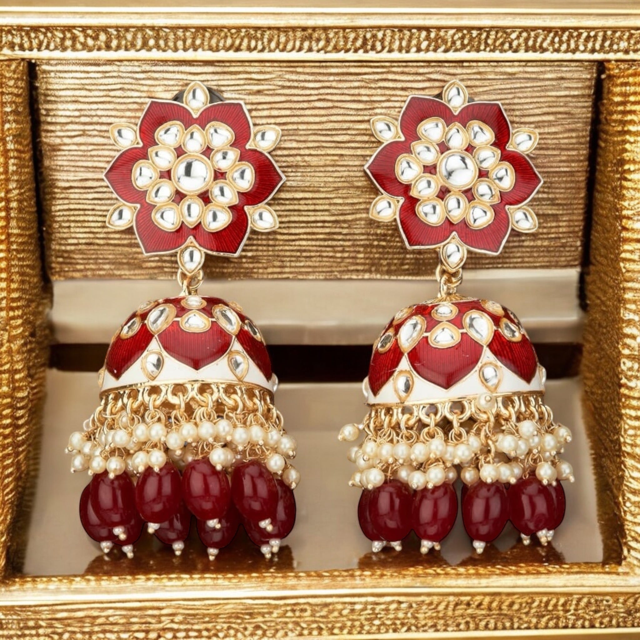 Lavish Giftz Gold Plated Bollywood Indo Western Meenakari Earrings - Maroon