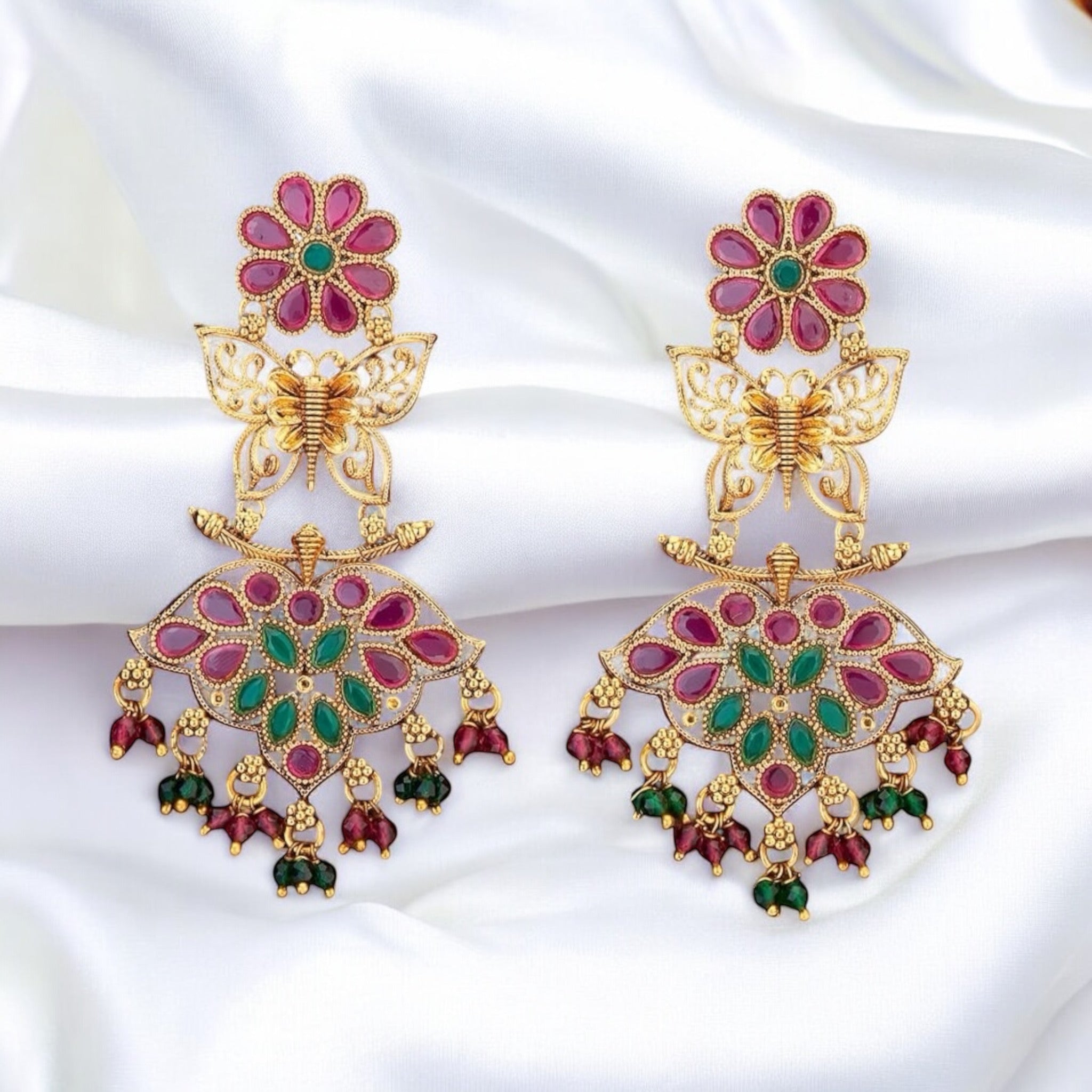 Lavish Giftz Gold Plated Antique Butterfly Design Ruby Green Long Earrings