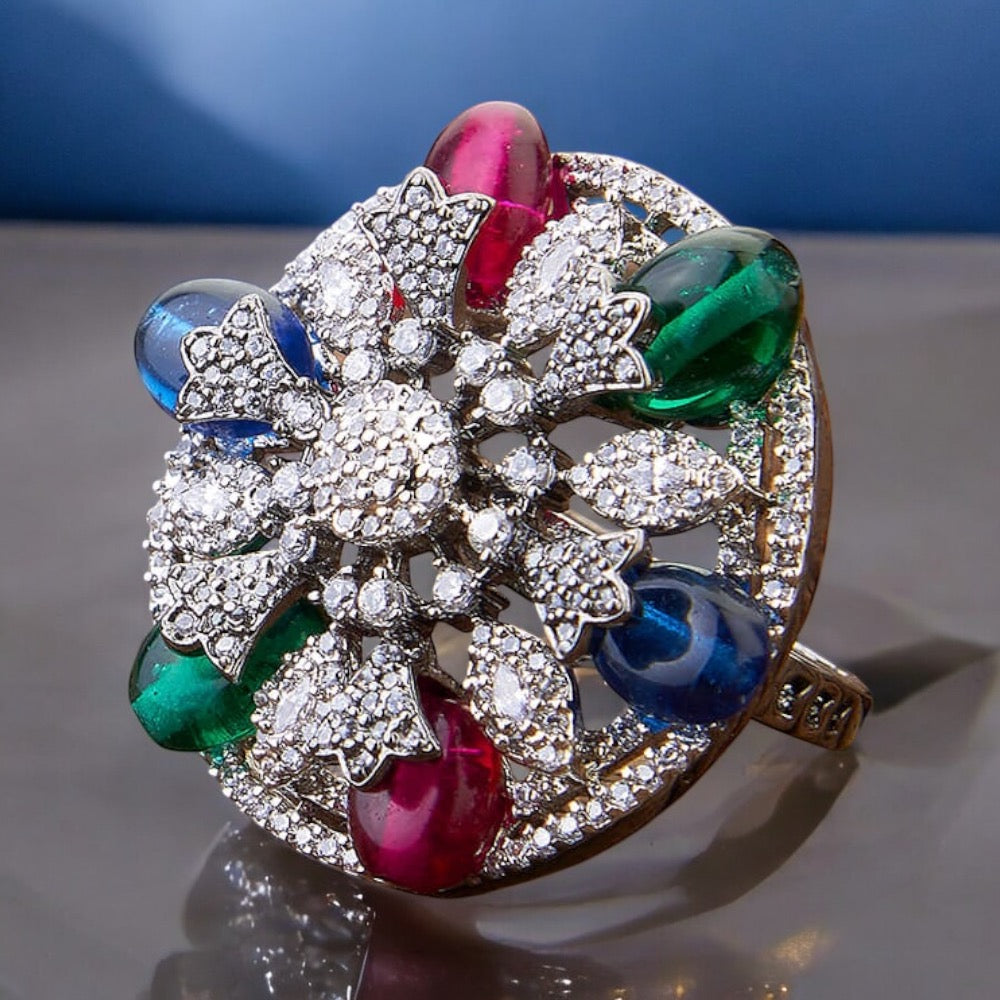 Lavish Giftz Adjustable Cubic Zirconia Rani Green Blue Statement Ring With Black Plating