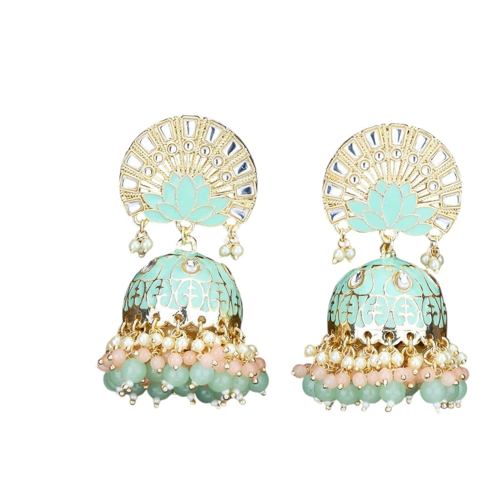 Lavish Giftz Gold Plated Enamelled Meenakari Jhumki Earrings - Mint