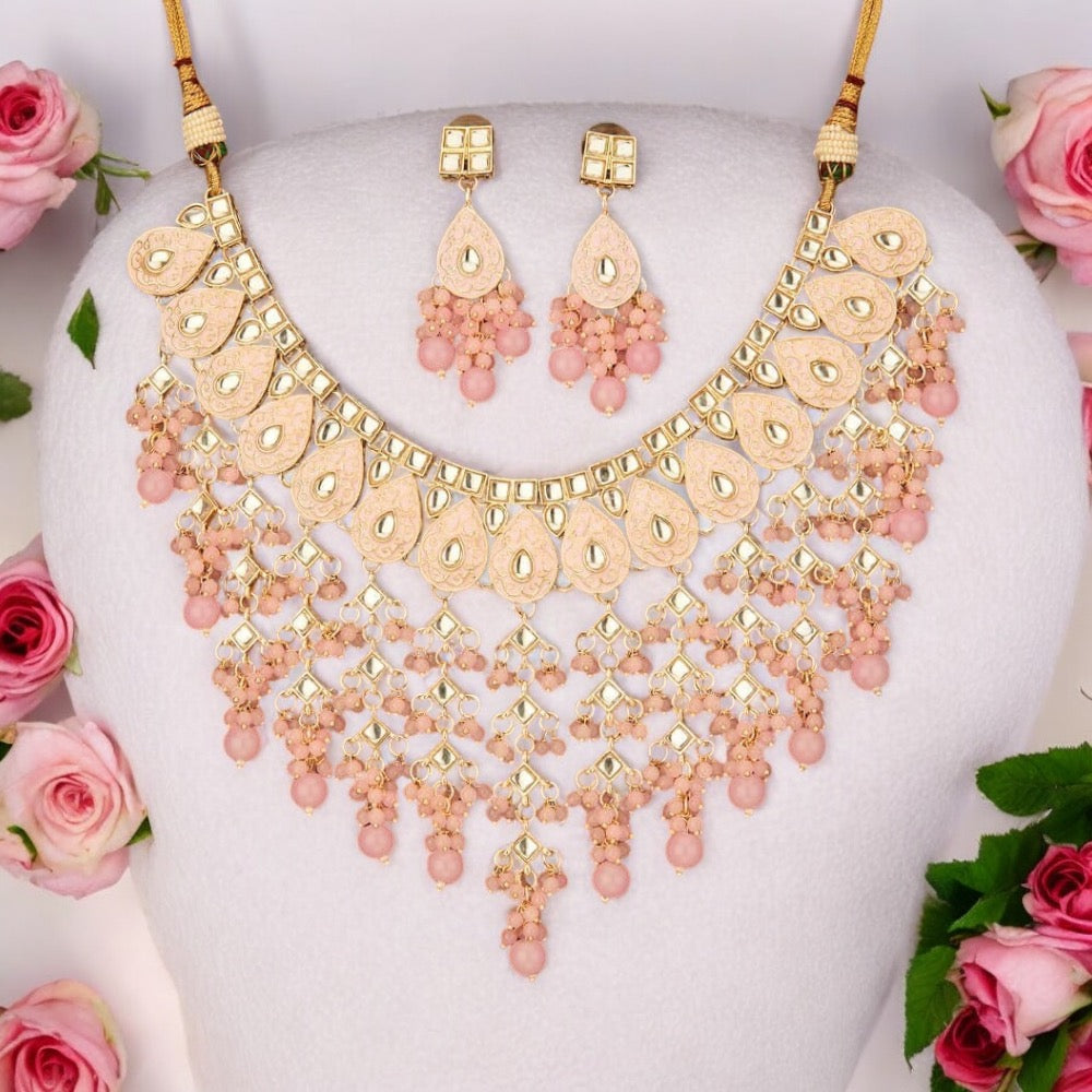 Lavish Giftz Bollywood Style Adjustable Gold Plated Pink Necklace Set