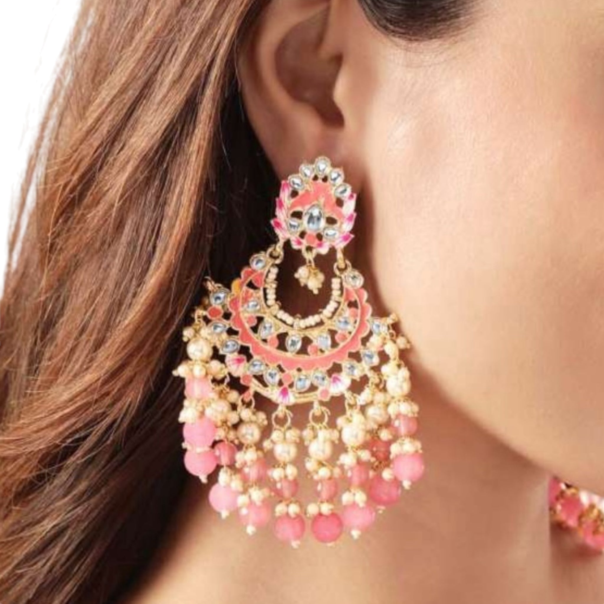 Lavish Giftz Gold-Plated Pink & Pearl Beaded Kundan Handcrafted Chandbalis