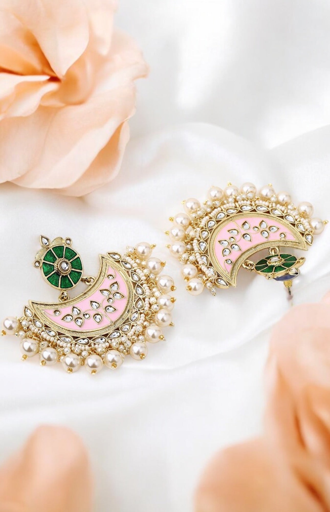 Lavish Giftz 18k Gold Plated Pink & Green Crescent Chandbali Earrings