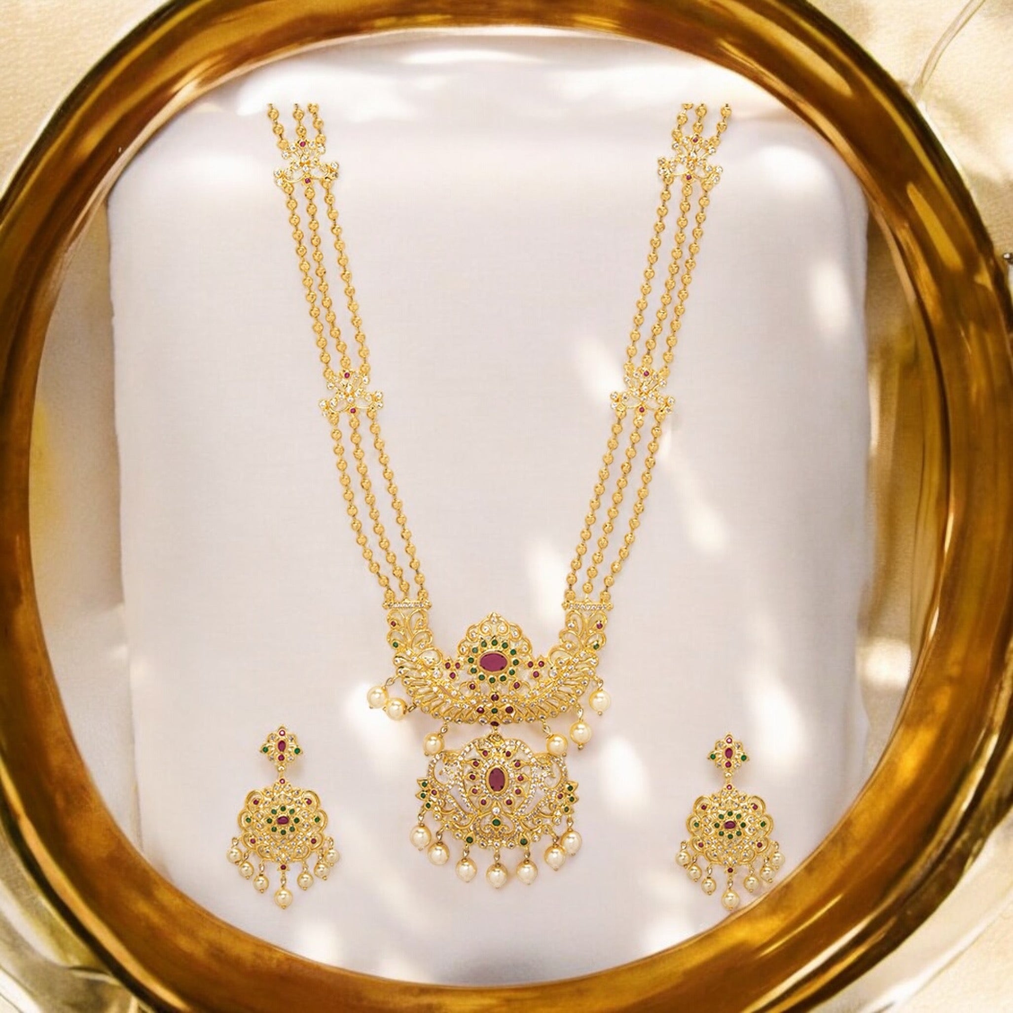 Lavish Giftz Gold Plated Ruby & Cubic Zirconia Multistranded Handcrafted Necklace Set With Pearl Accents