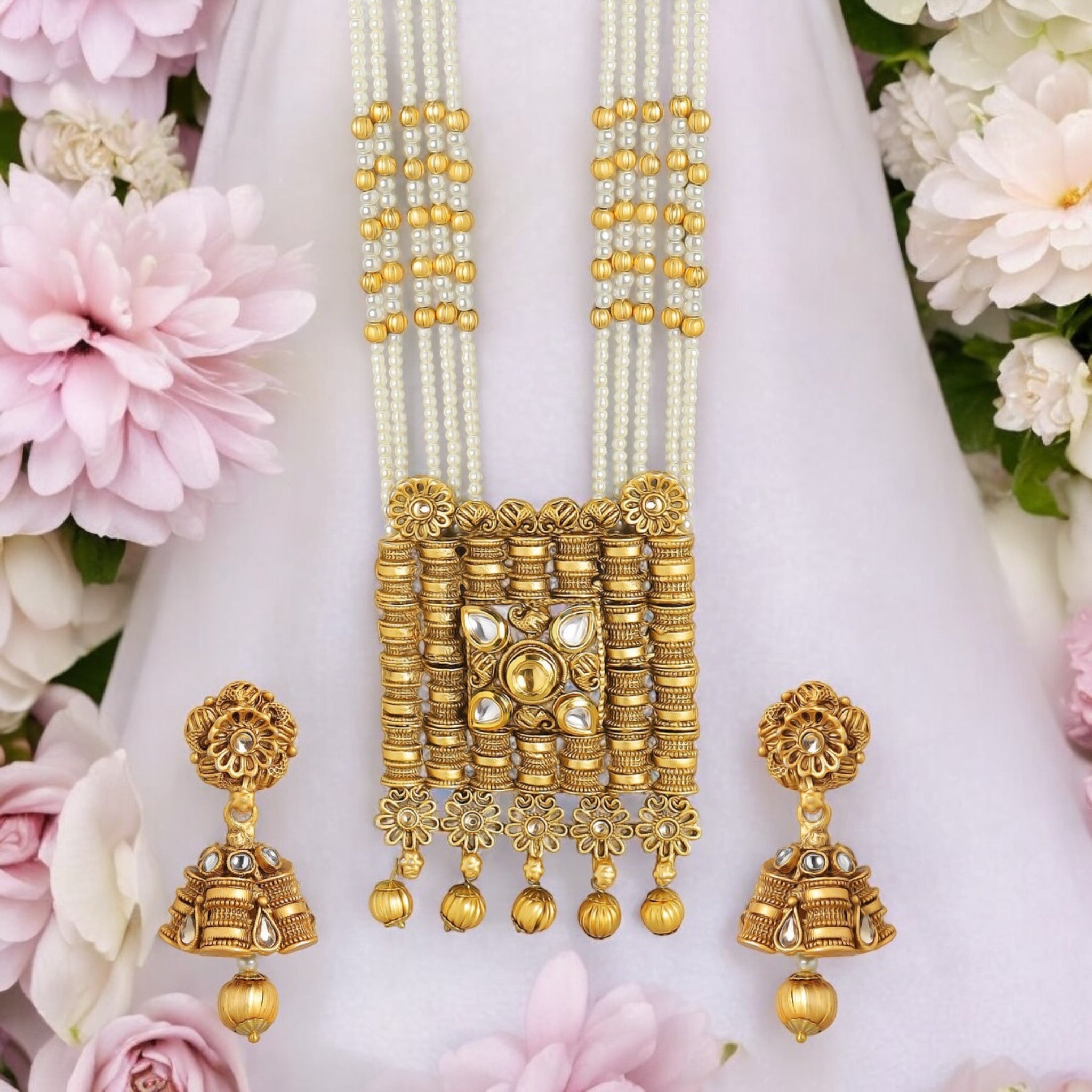 Lavish Giftz Gold Plated Multistranded Kundan Studded Pearl Beaded Handcrafted Necklace Set