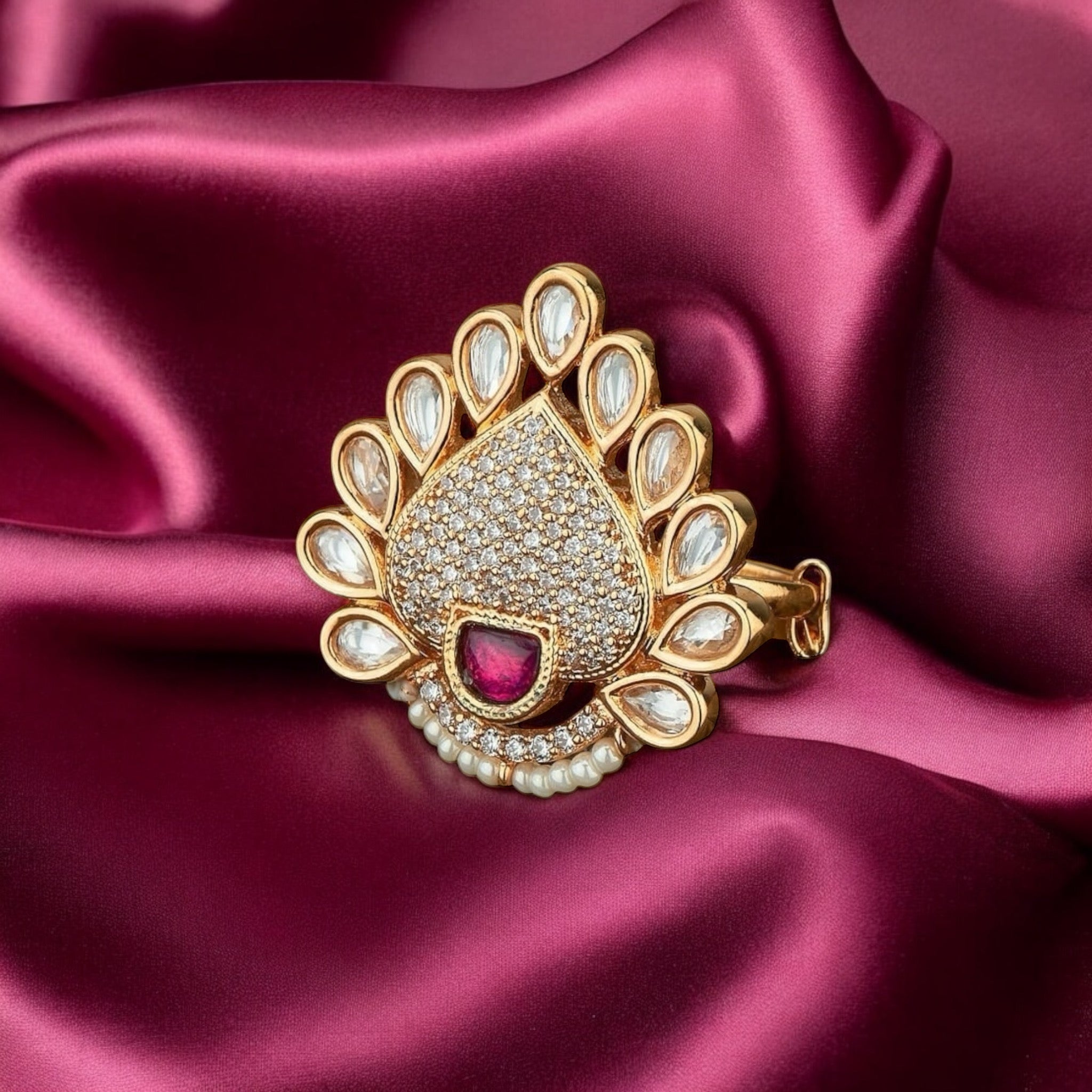 Lavish Giftz Gold-Plated Adjustable Classic Ruby Pink Kundan Stone Studded Handcrafted Finger Ring