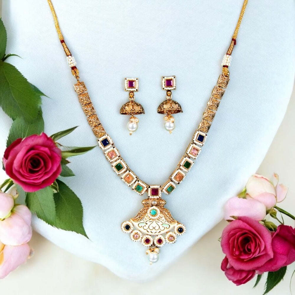 Lavish Giftz Meenakari Antique Gold Plated Multi Color Necklace Set