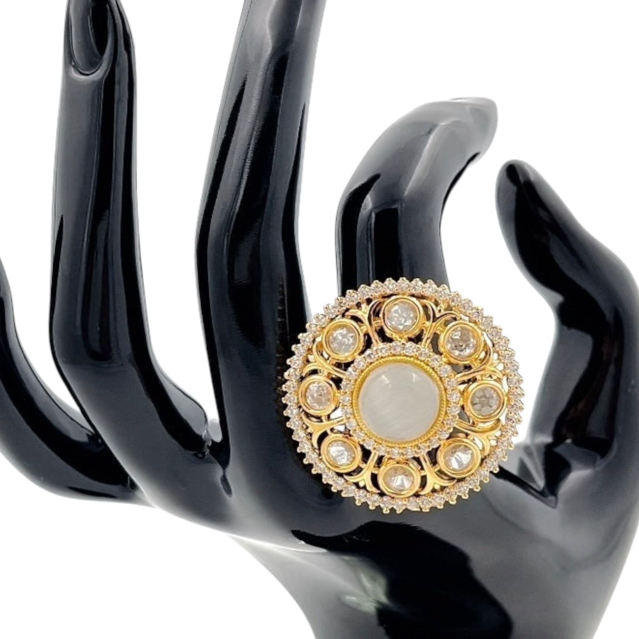 Lavish Giftz Gold-Plated Classic Kundan Adjustable Kundan Stone Studded Handcrafted Finger Ring