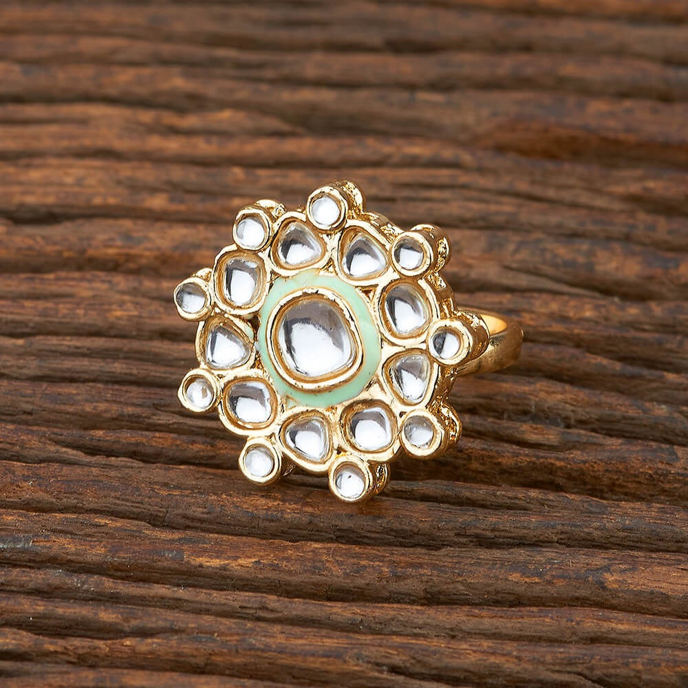 Lavish Giftz Gold-Plated Classic Light Green Kundan Stone Studded Handcrafted Finger Ring