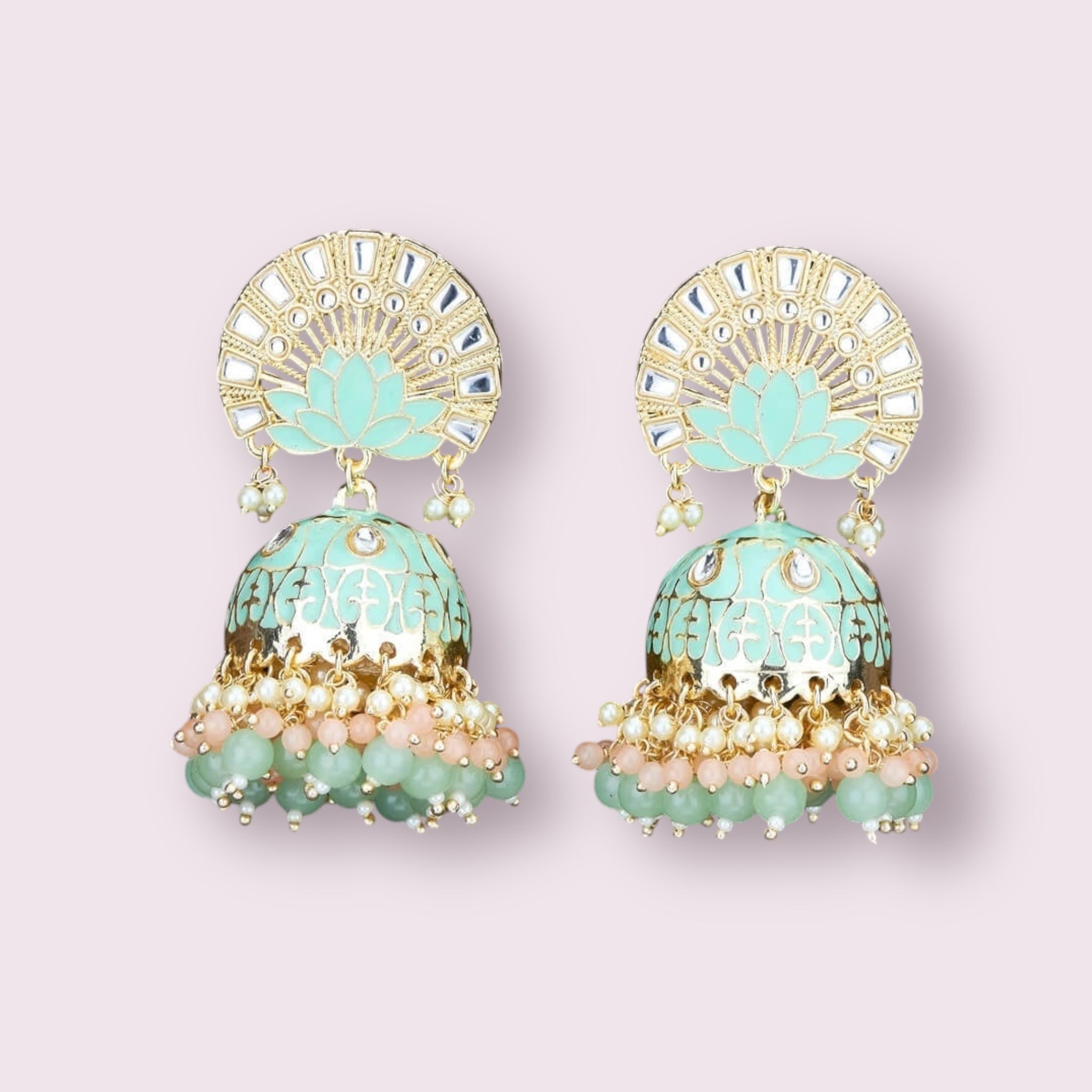 Lavish Giftz Gold Plated Enamelled Meenakari Jhumki Earrings - Mint