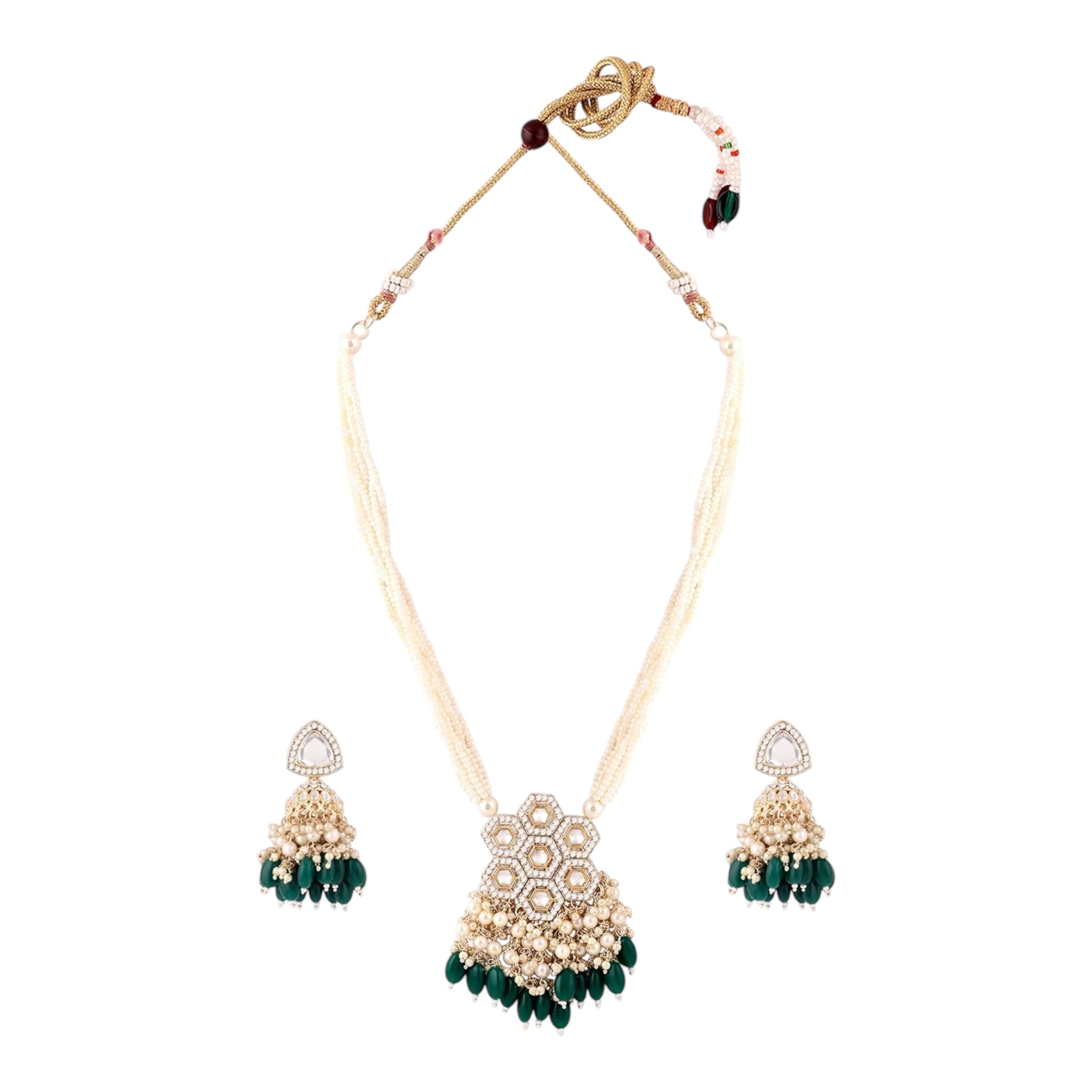 Lavish Giftz Green Kundan Pearl & Bead Necklace Set