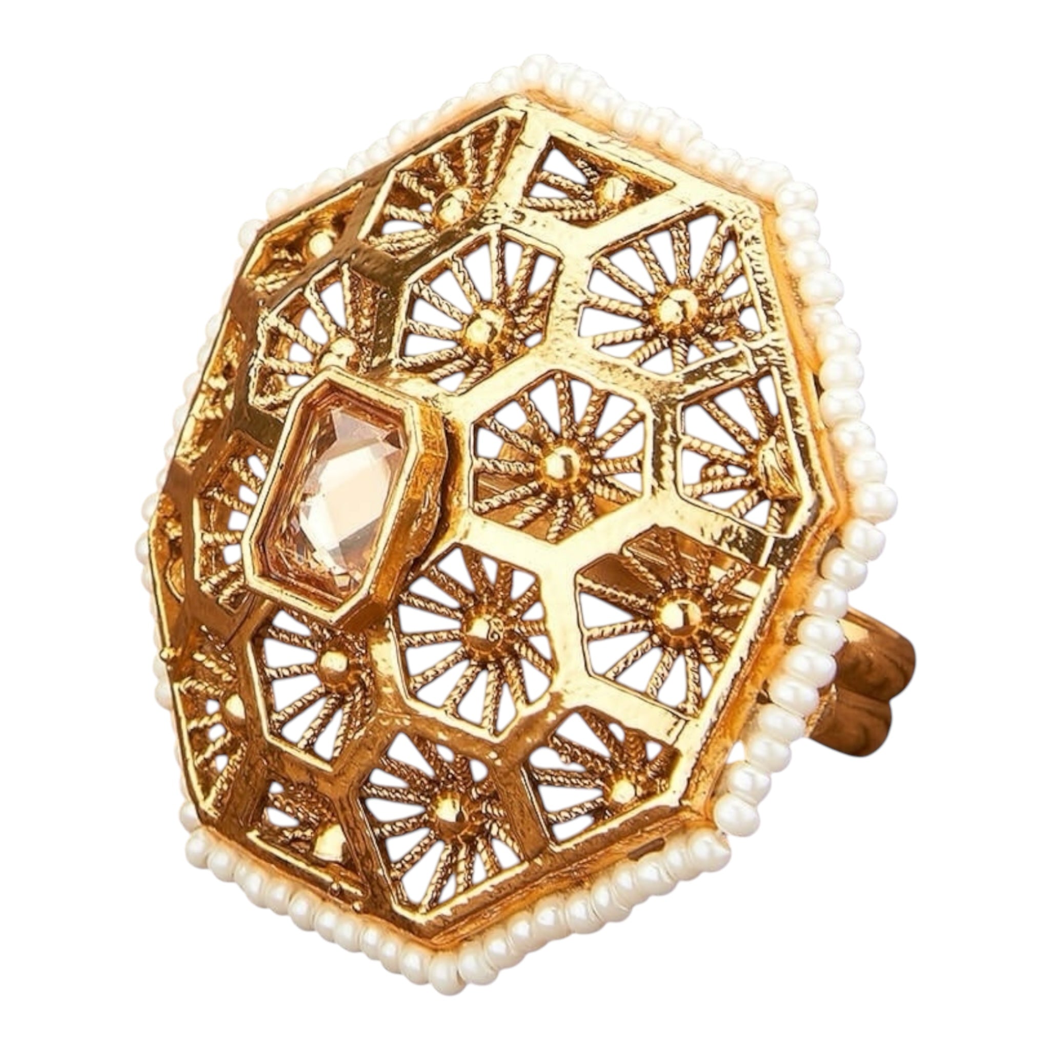 Lavish Giftz Gold-Plated Antique Adjustable Kundan Handcrafted Finger Ring With Pearl Accents