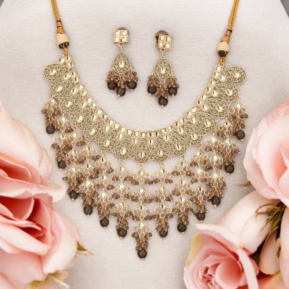 Lavish Giftz Bollywood Style Adjustable Gold Plated Grey Necklace Set