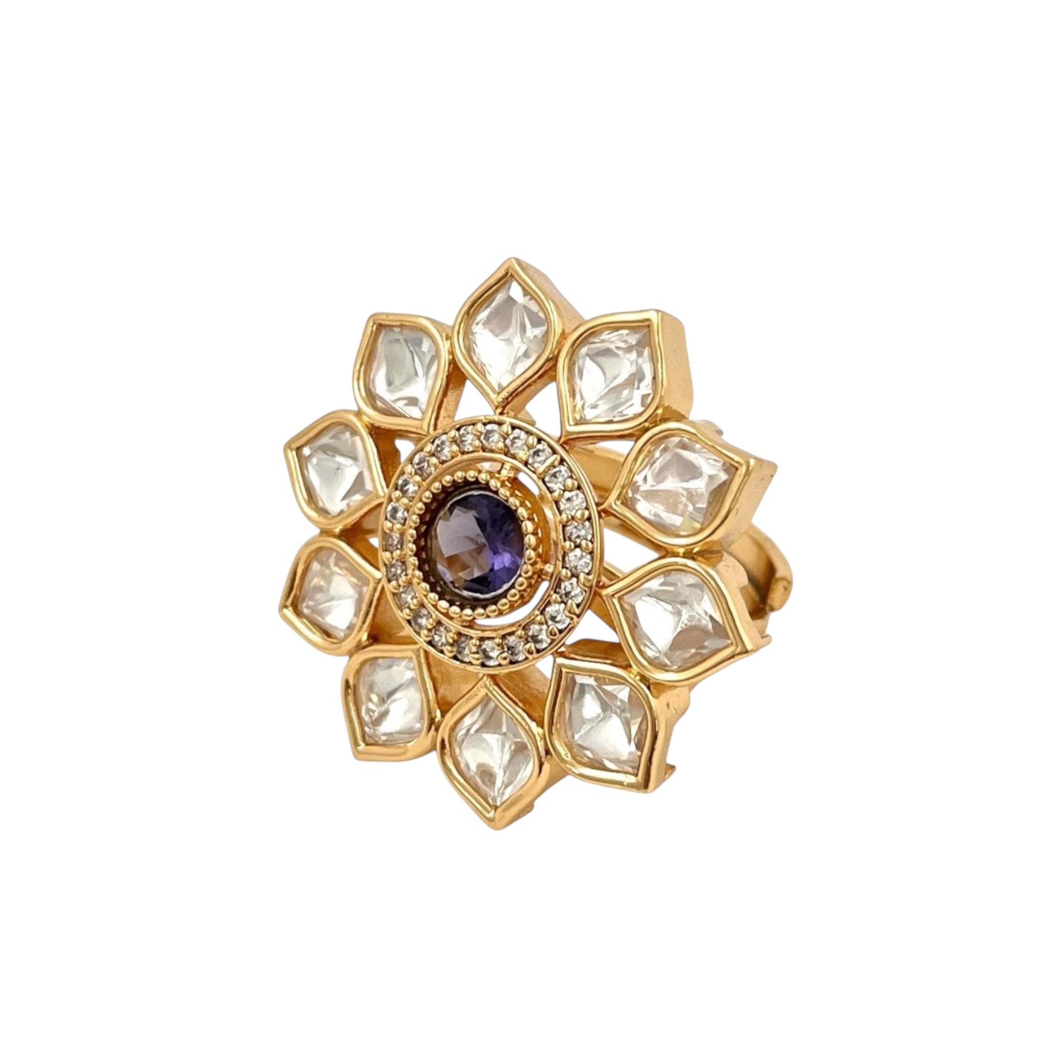 Lavish Giftz Gold-Plated Classic Mira Kundan Adjustable Kundan & Purple Stone Studded Handcrafted Finger Ring