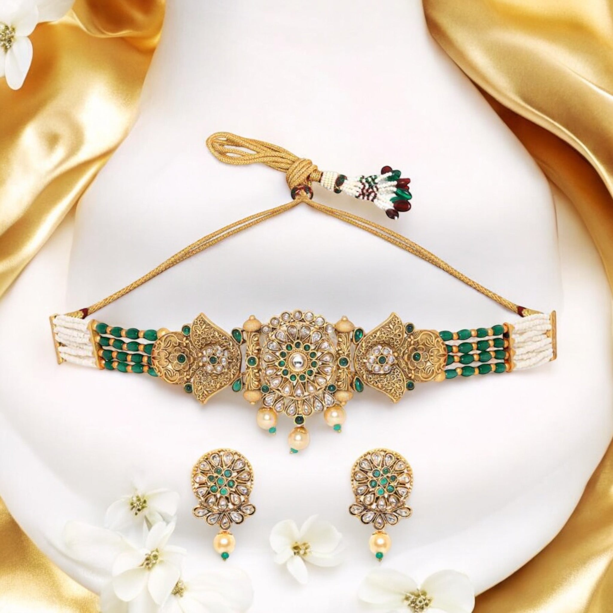 Lavish Giftz Gold Plated Green Stone and Kundan Studded Handcrafted Choker Necklace Set