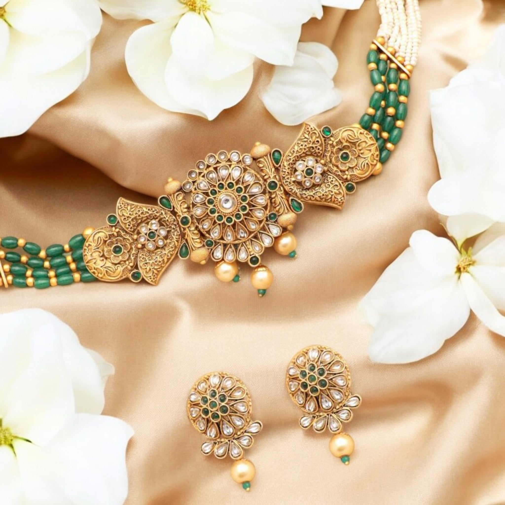 Lavish Giftz Gold Plated Green Stone and Kundan Studded Handcrafted Choker Necklace Set