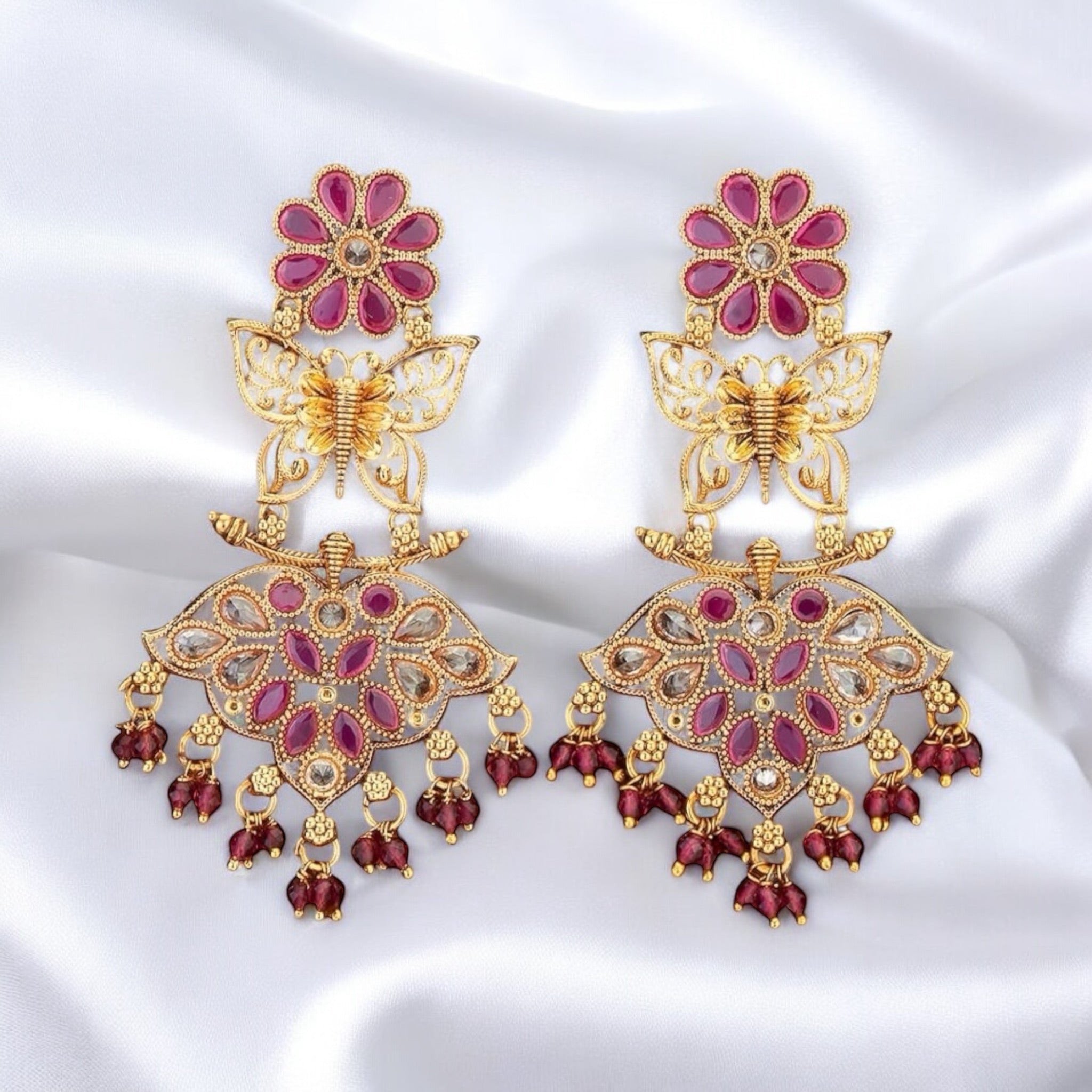 Lavish Giftz Gold Plated Antique Butterfly Design Ruby Pink Long Earrings