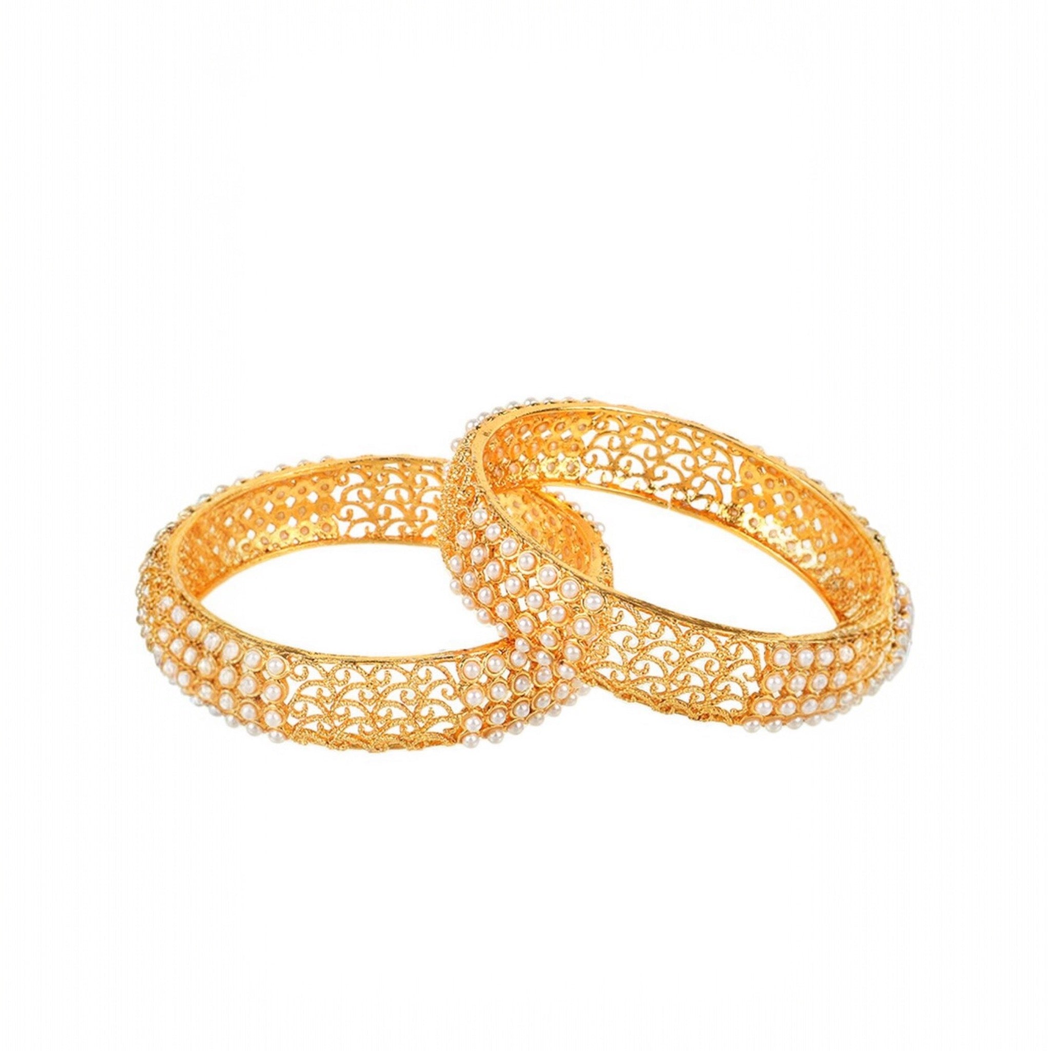 Lavish Giftz Set Of 2 24k Gold Plated White Pearl Bangles