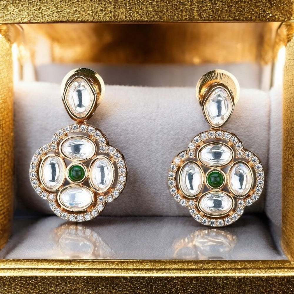 Lavish Giftz Kundan Delicate Gold Plated Cubic Zirconia Earrings with Green Stone