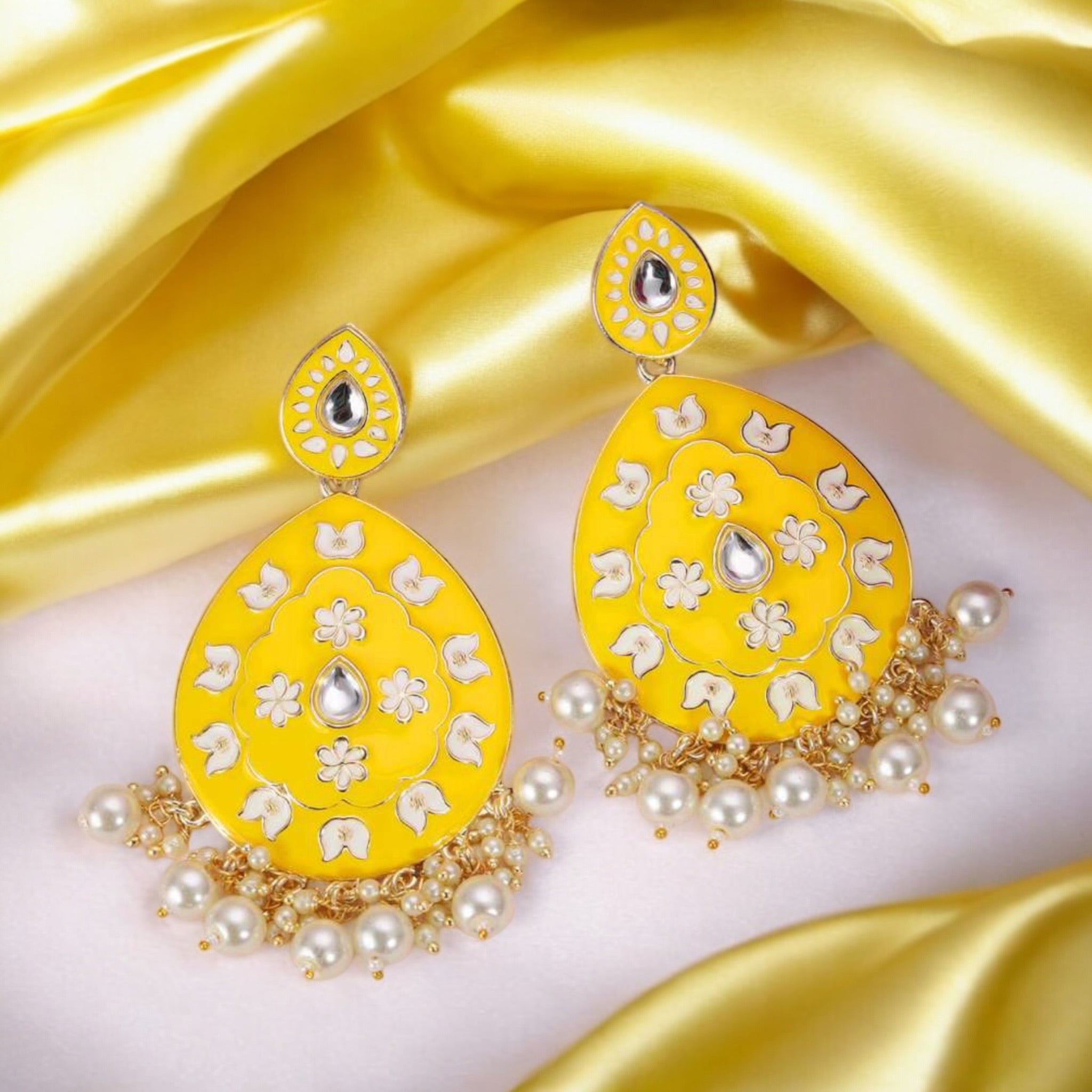 Lavish Giftz 18k Gold Plated Yellow Stone Studded and Enamelled Drop Earrings