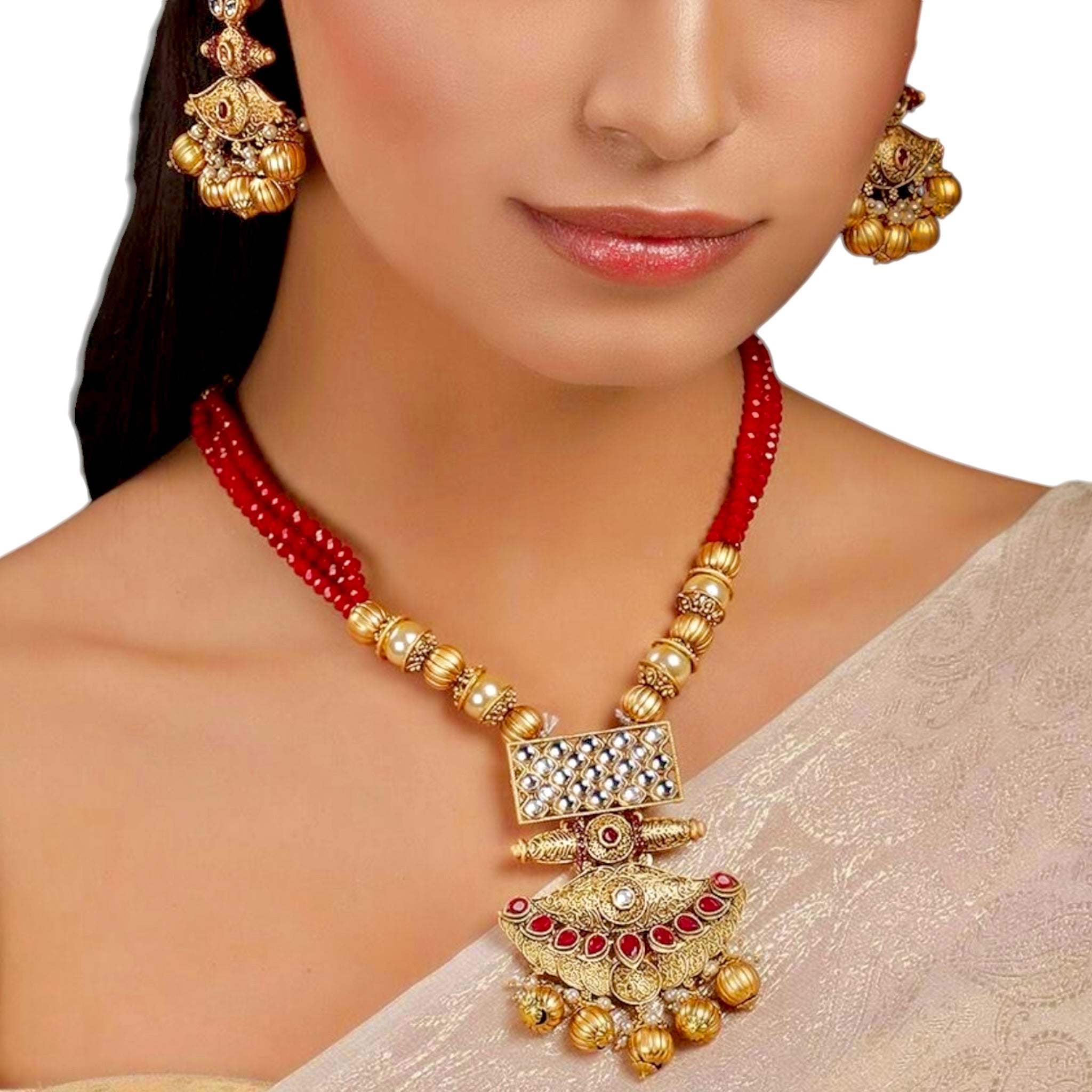 Lavish Giftz Gold Plated Antique Red Stone Studded Handcrafted Necklace Set