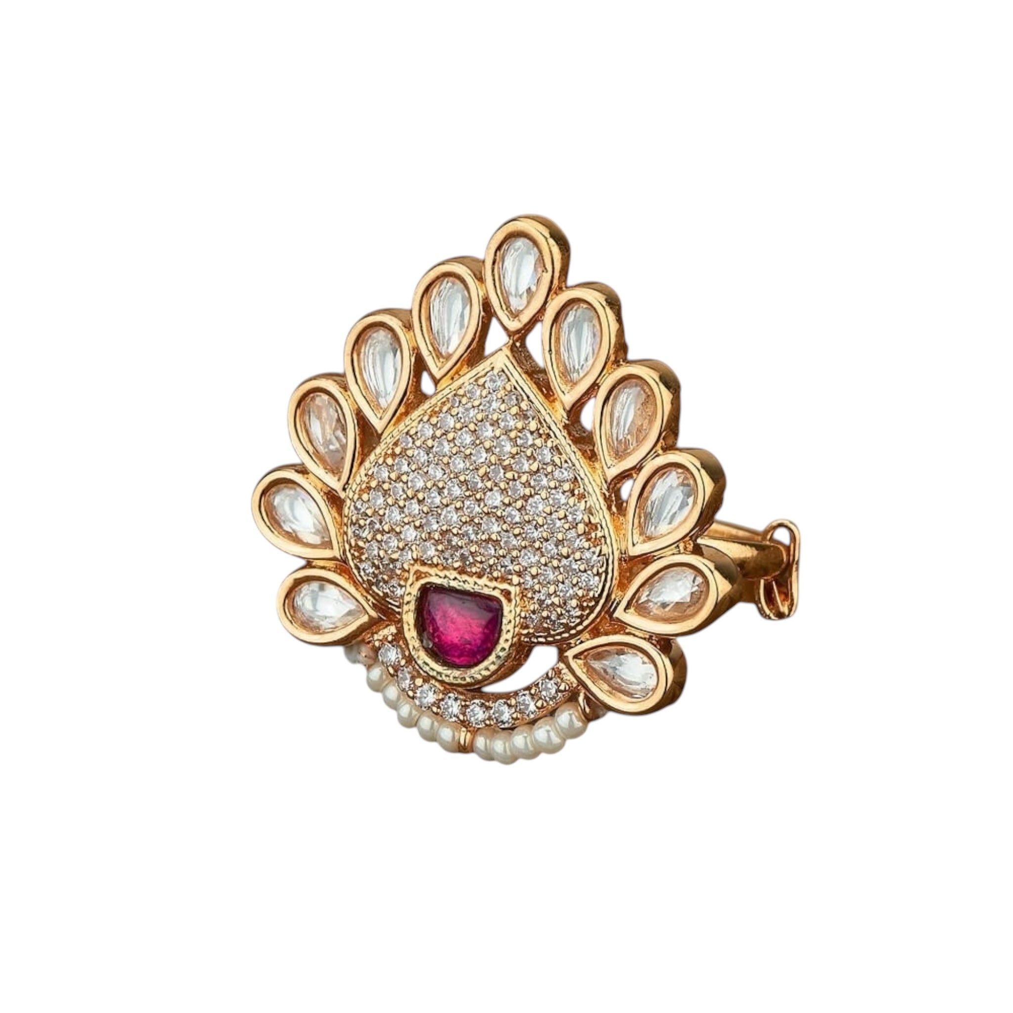 Lavish Giftz Gold-Plated Adjustable Classic Ruby Pink Kundan Stone Studded Handcrafted Finger Ring