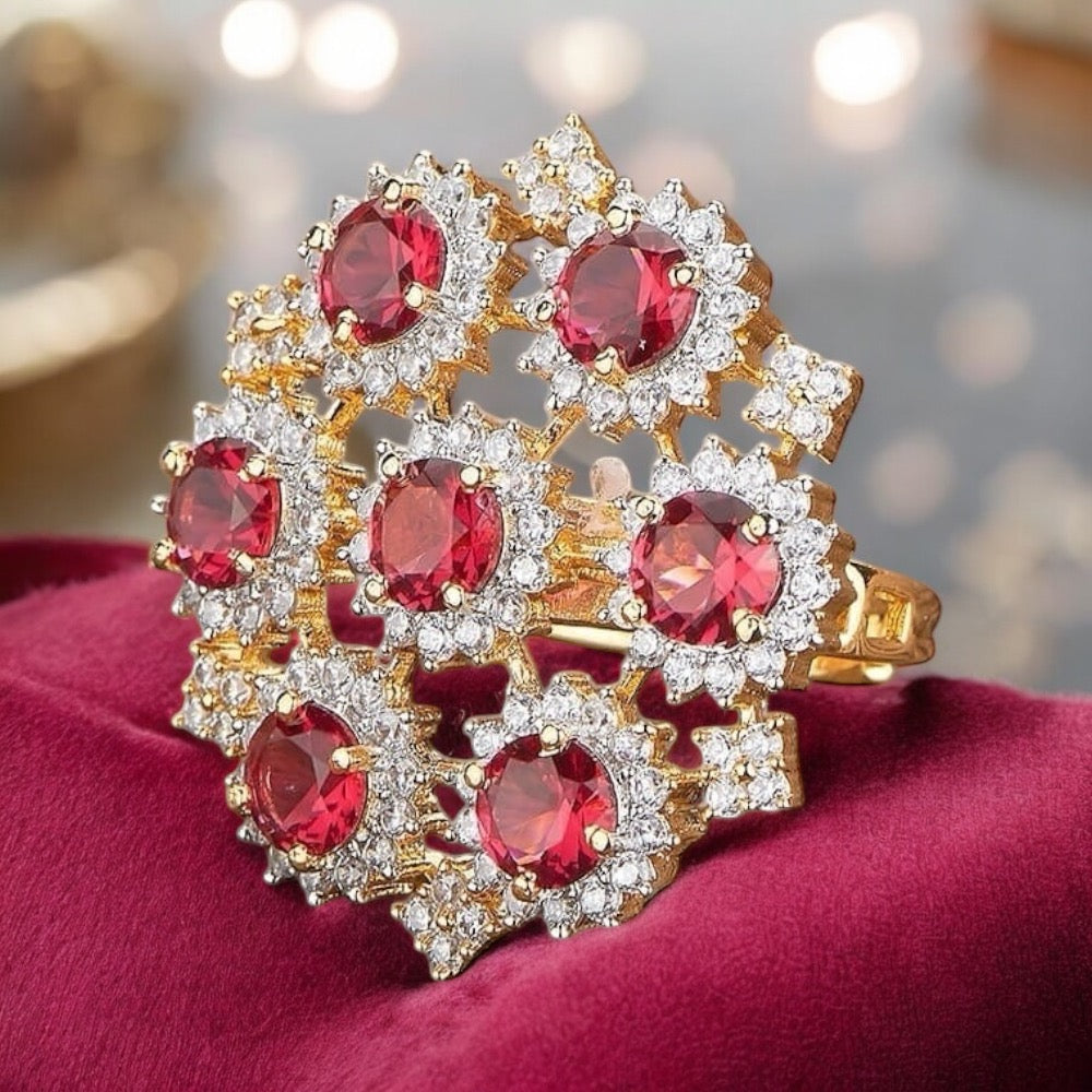 Lavish Giftz Gold Plated Adjustable Ruby Cubic Zirconia Classic Statement Ring