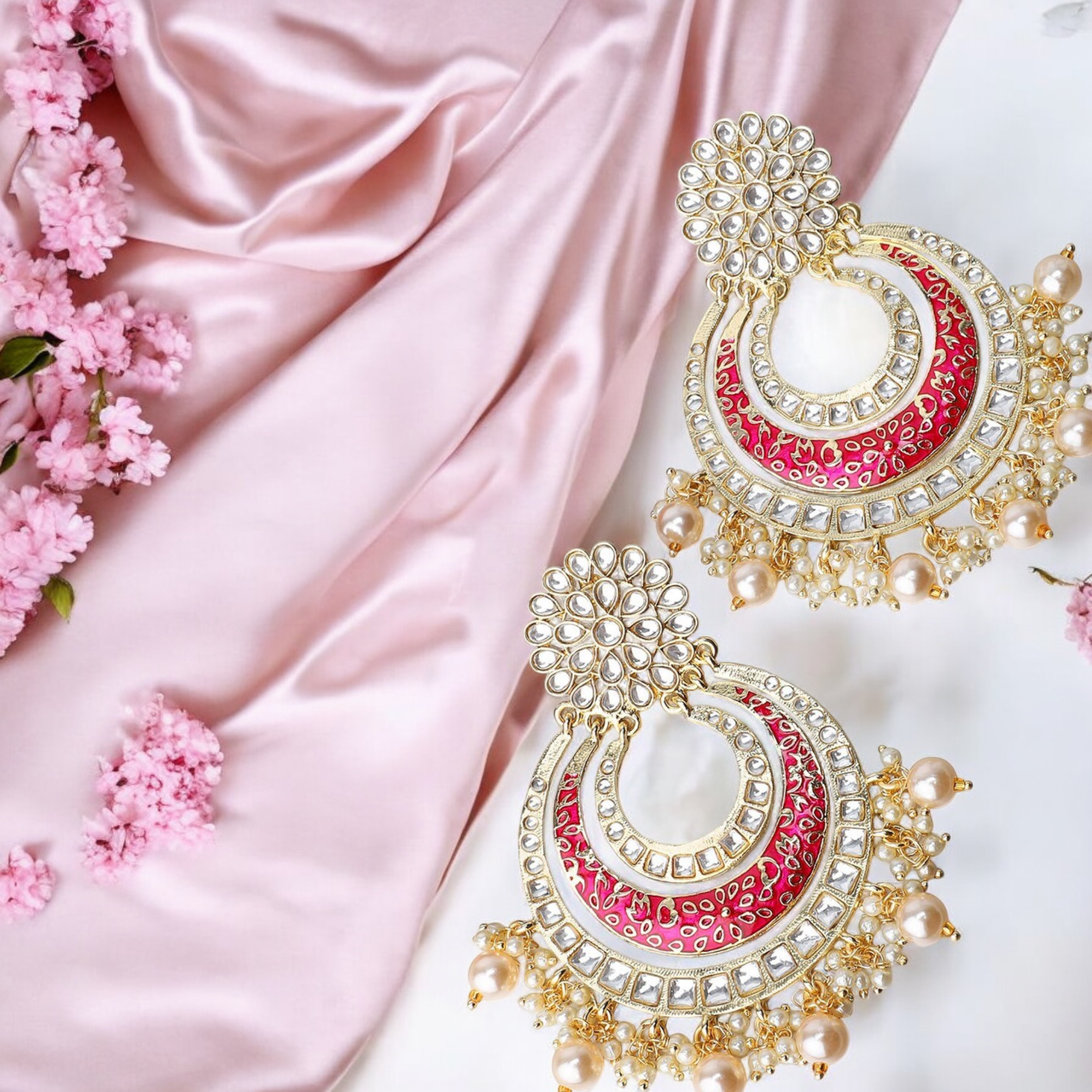 Lavish Giftz 18k Gold Plated Pink Enamelled Meenakari Chandbalis Earrings