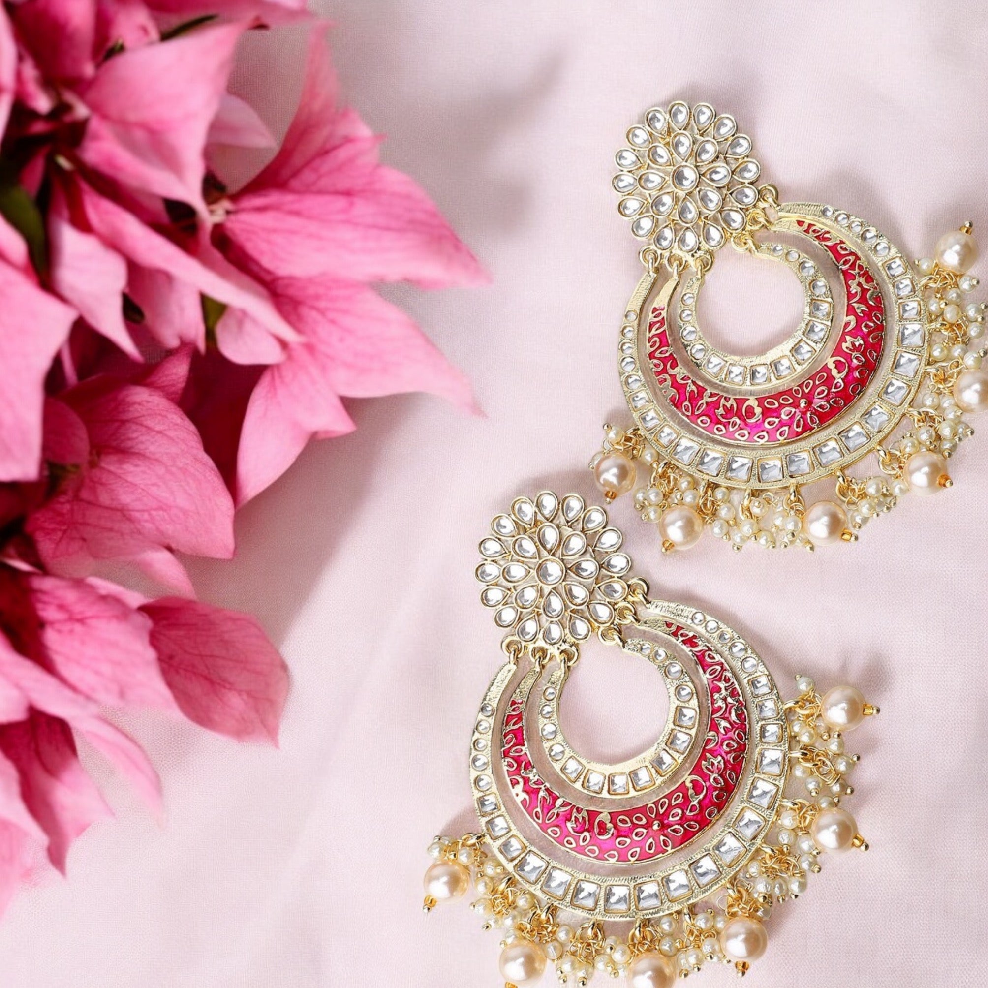 Lavish Giftz 18k Gold Plated Pink Enamelled Meenakari Chandbalis Earrings