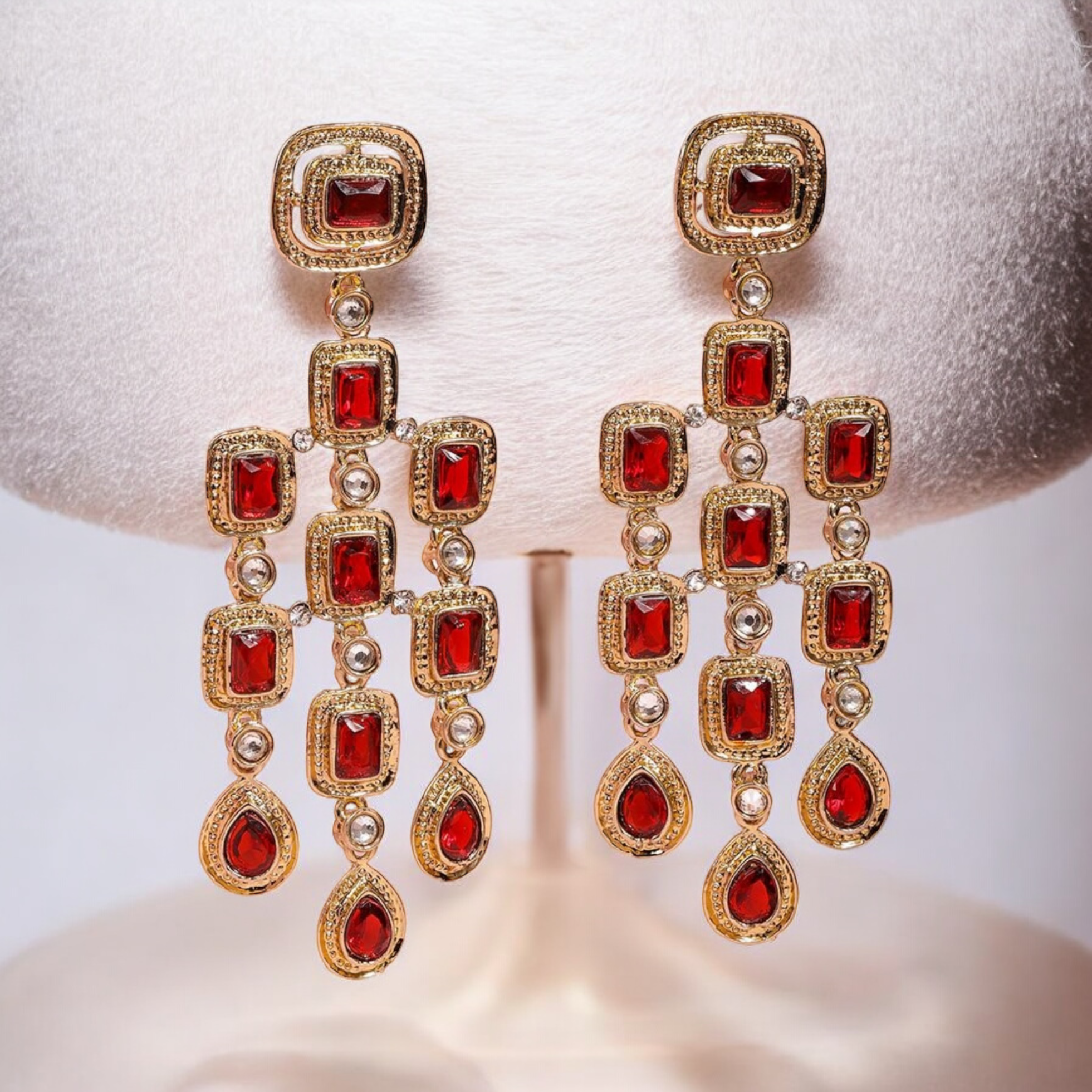 Lavish Giftz 22k Gold Plated Ruby Red Zirconia Studded Dangle Earrings